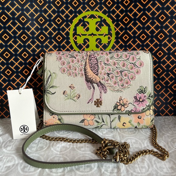 Tory Burch Handbags - Tory Burch Emerson Brocade Chain Wallet Crossbody Bag Mint Winter Sage Floral